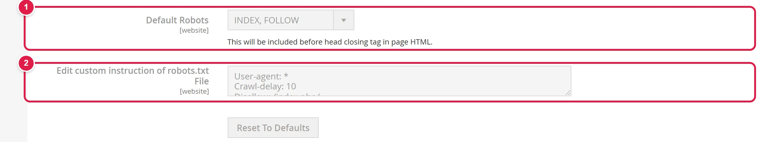 The Search Engine Robots section with the Default Robots setting and the robots.txt instructions