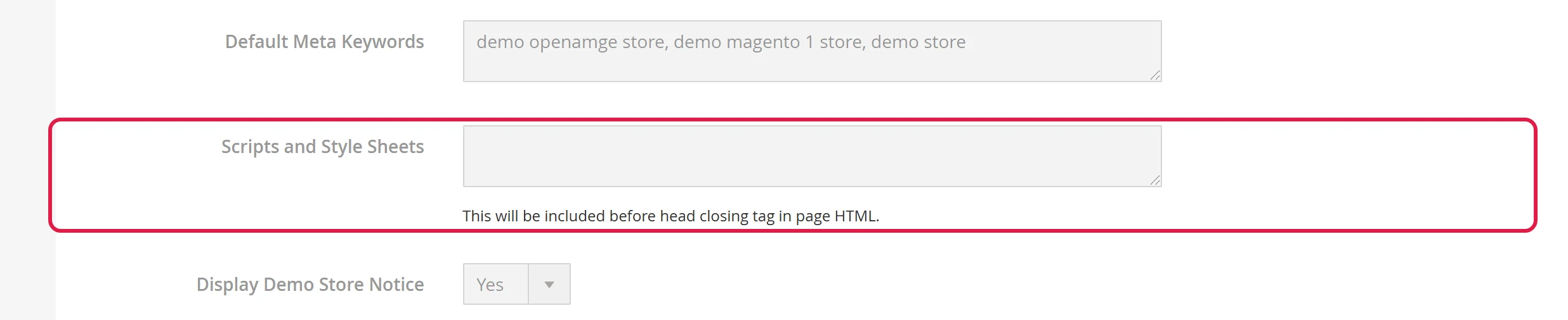 The Scripts and Style Sheets field in the HTML Head section