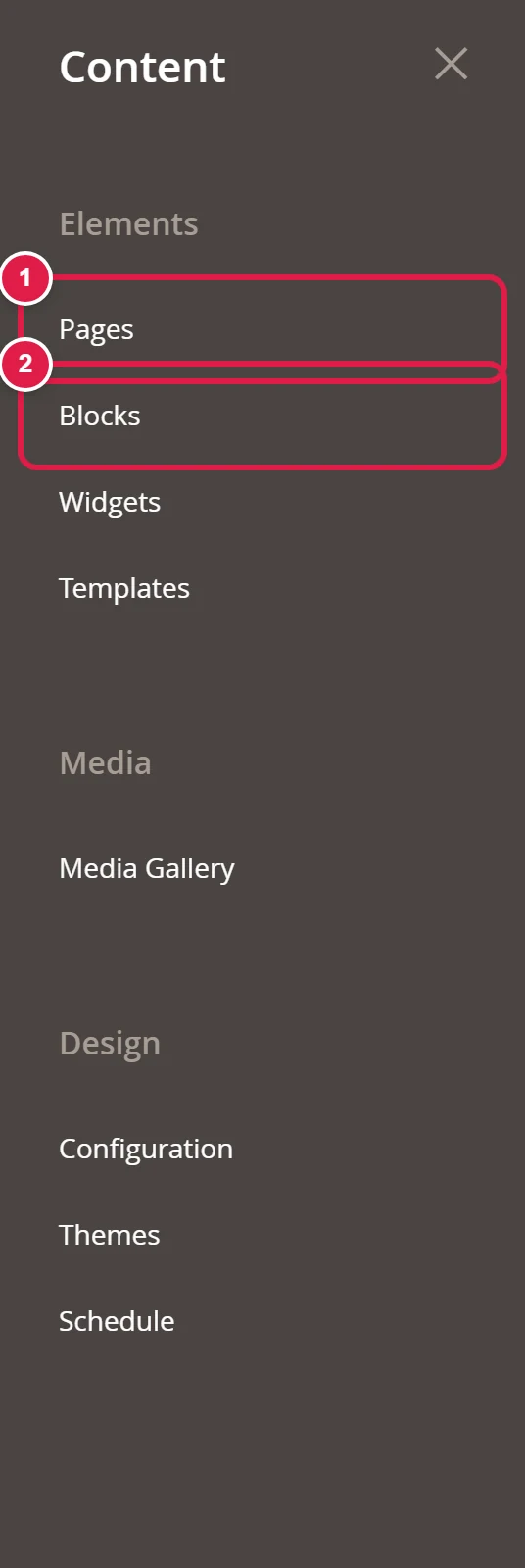 Content menu with the Pages and Blocks items highlighted