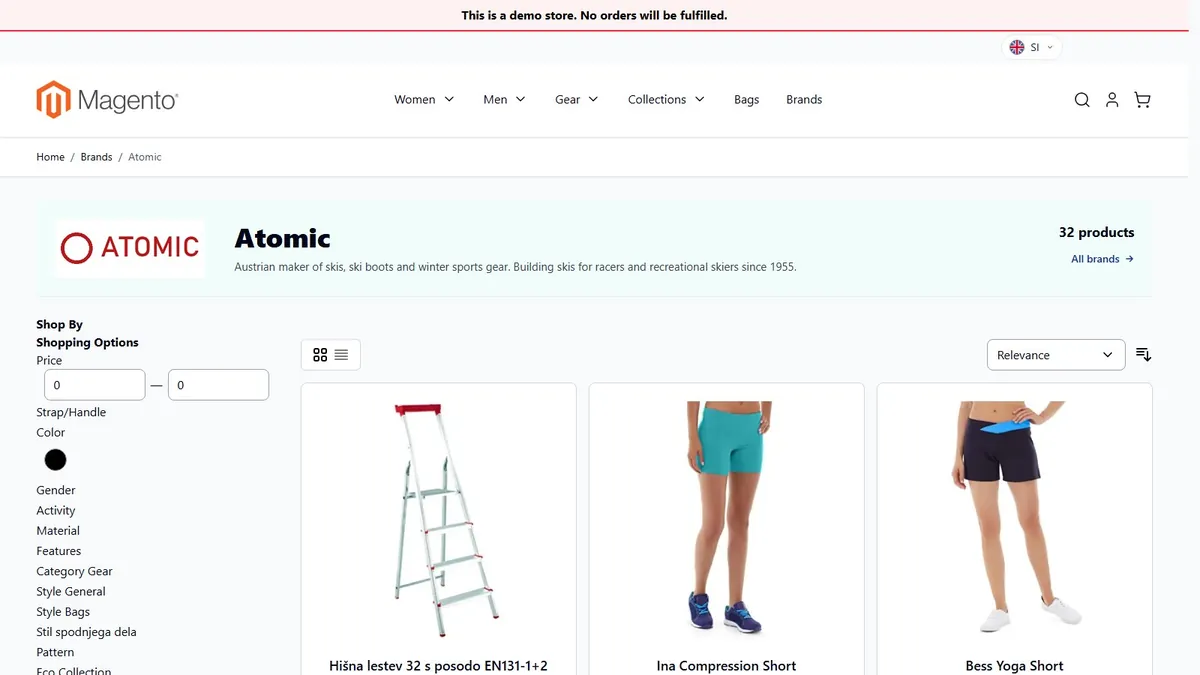 The Atomic brand page with logo, short description, number of products and the All brands link above the product list