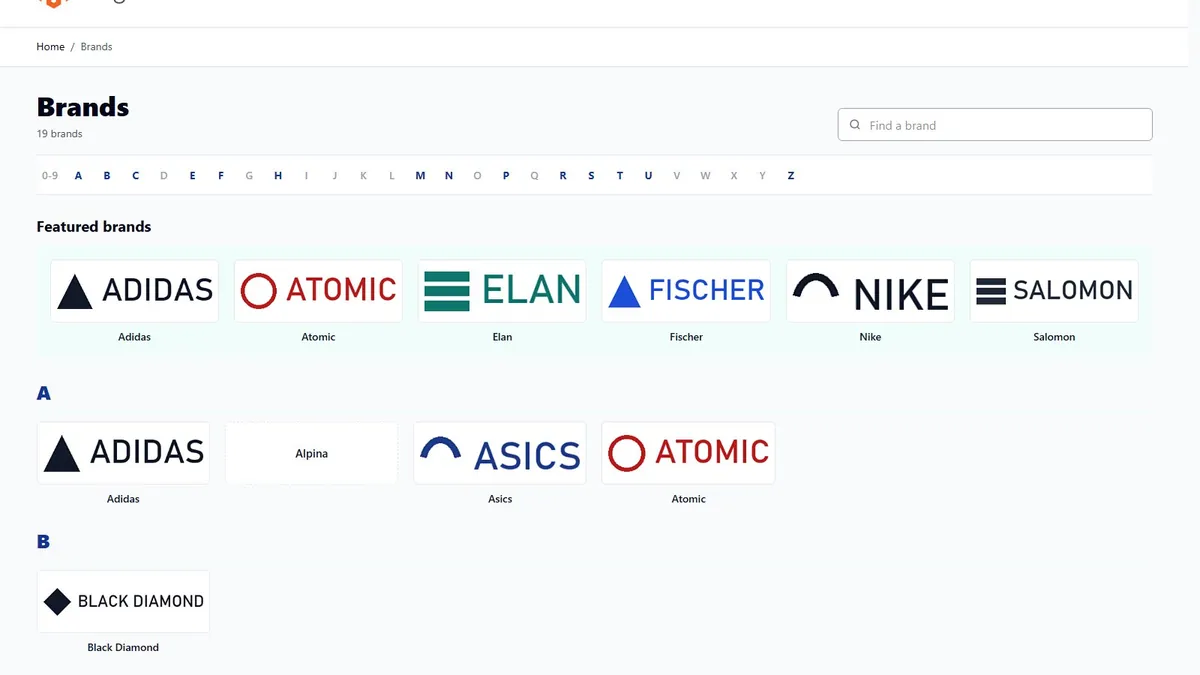 Brand list with the heading Brands, a search box, the letter index, featured brands and brands under the letter A