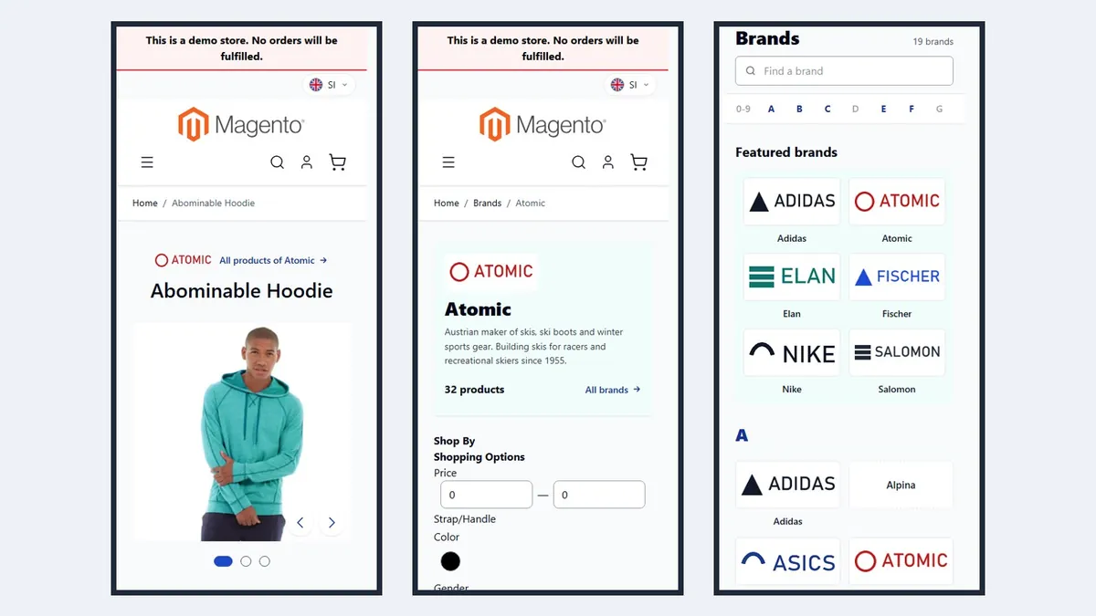 Three phones: the brand on the product, the brand page header and the brand list