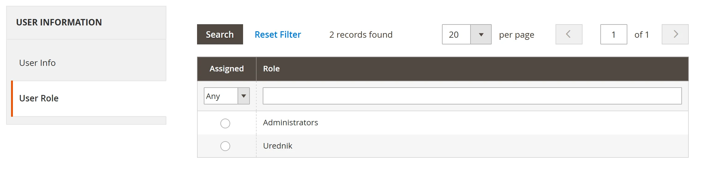 User Role tab with the list of roles