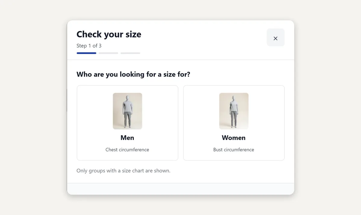 Step 1 of the wizard with two cards: Men (chest circumference) and Women (bust circumference)