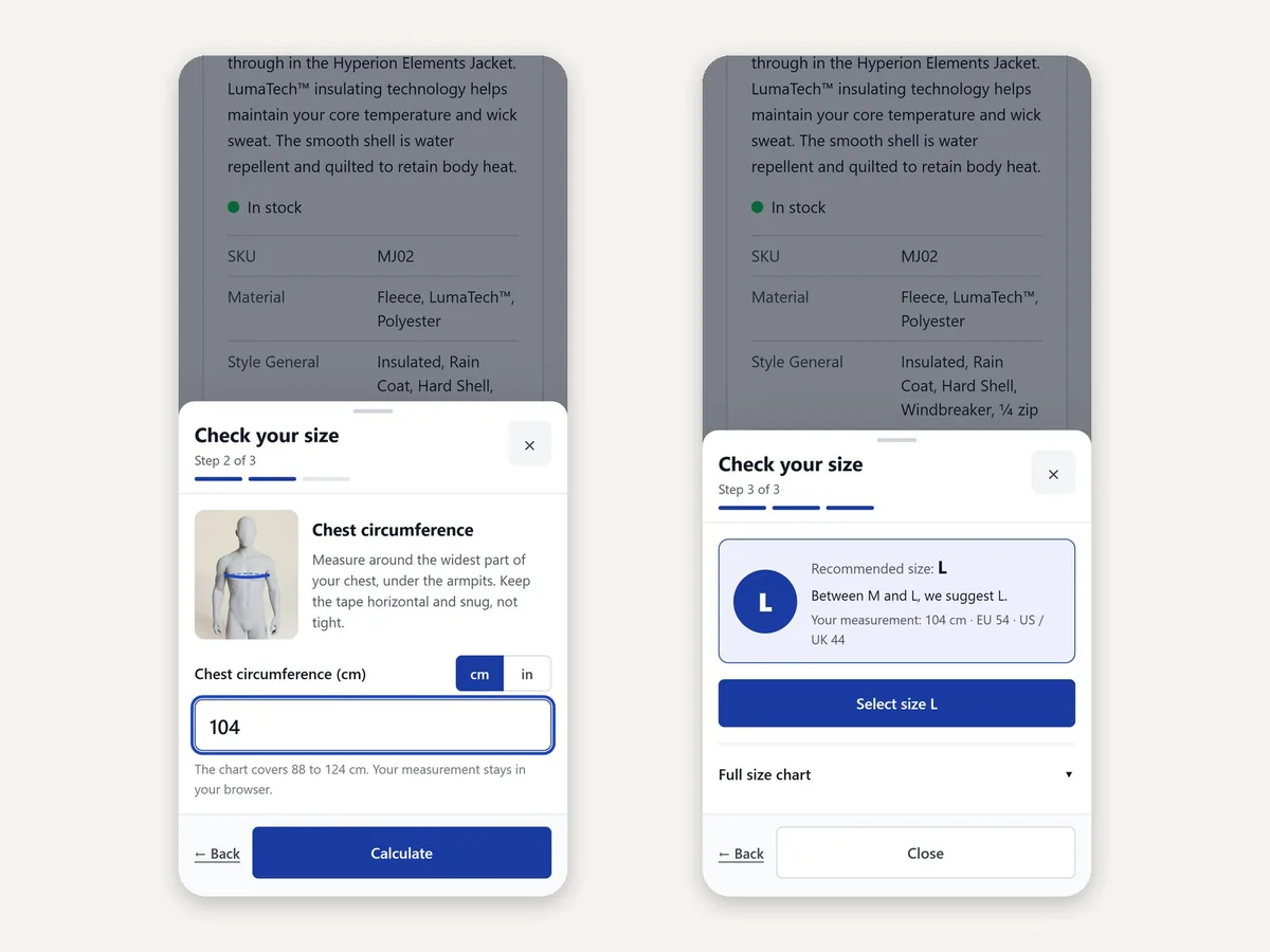 The wizard on a phone: step 2 with the measurement and step 3 with the recommended size L