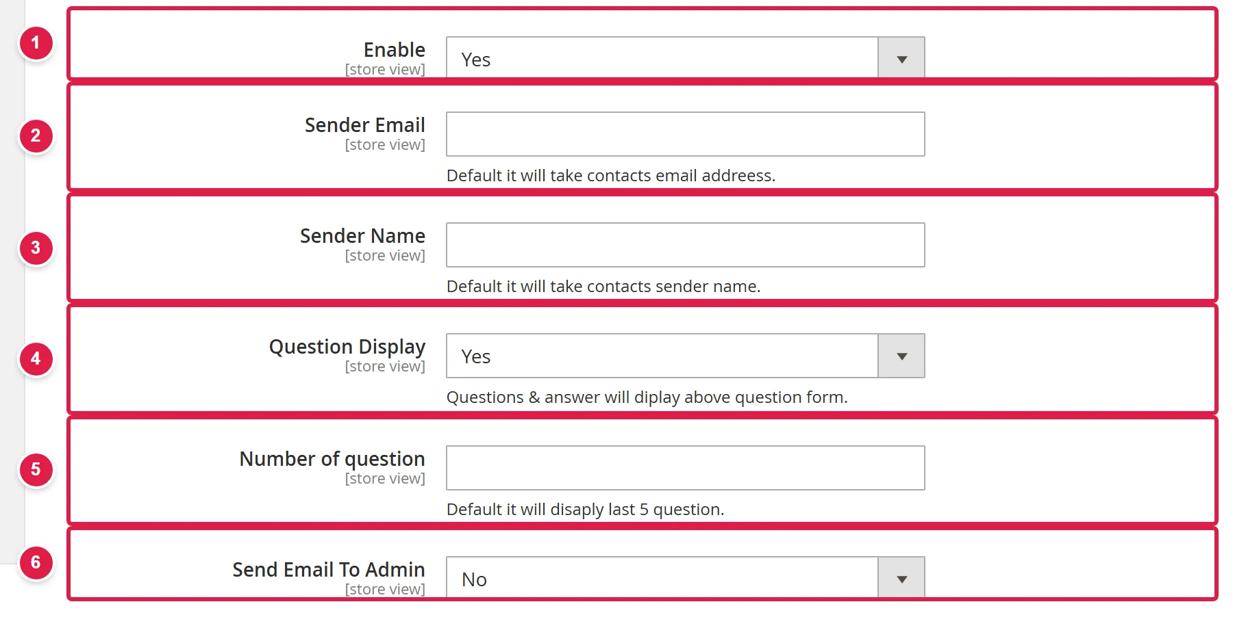 General options for product questions with the module and question display switched on