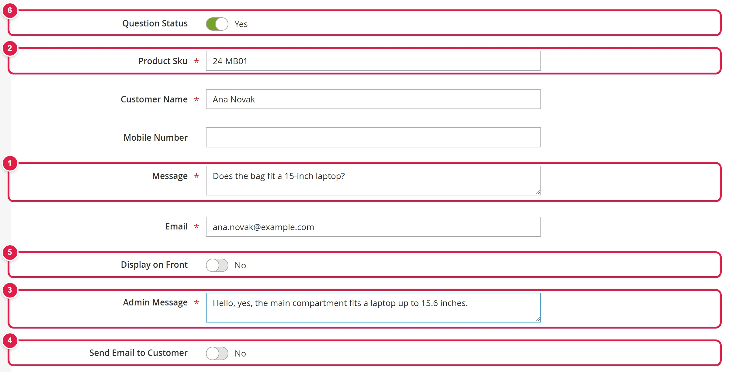 Question form with the customer's question and an answer entered