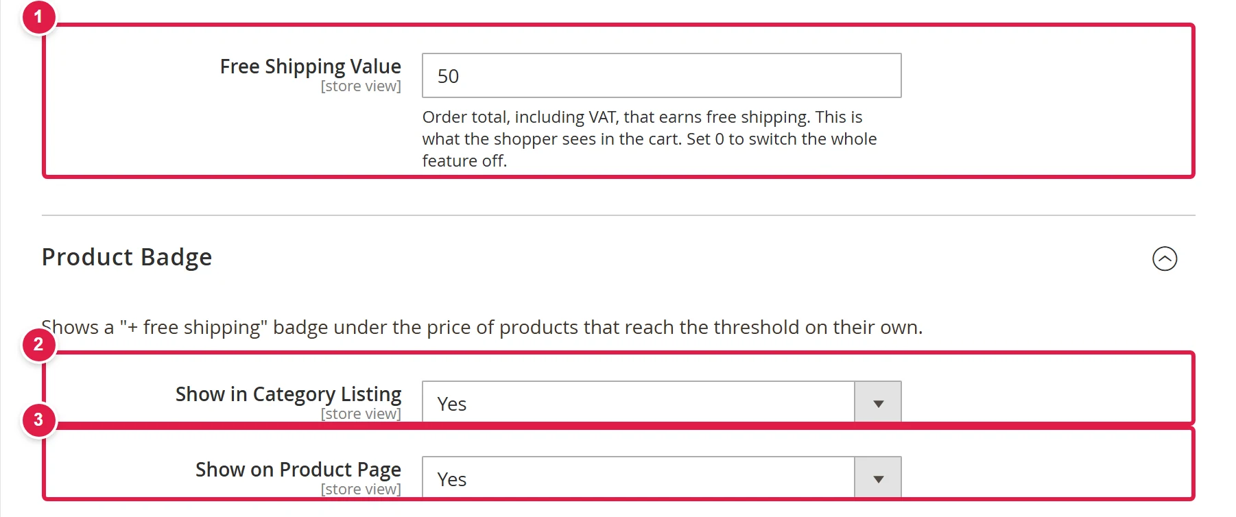 Free shipping settings with the threshold and the product badge