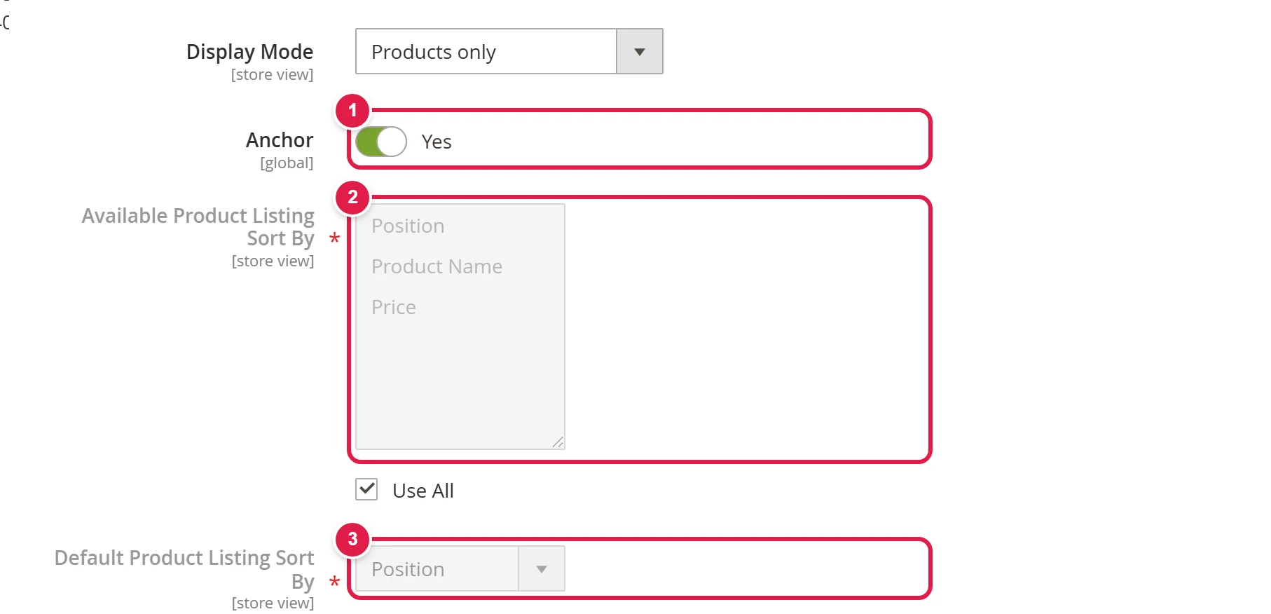 The Display Settings section with the Anchor field and the sorting settings