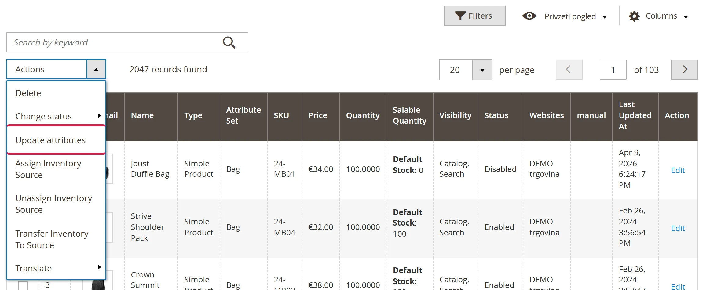 The Actions menu above the product list open with Update attributes highlighted