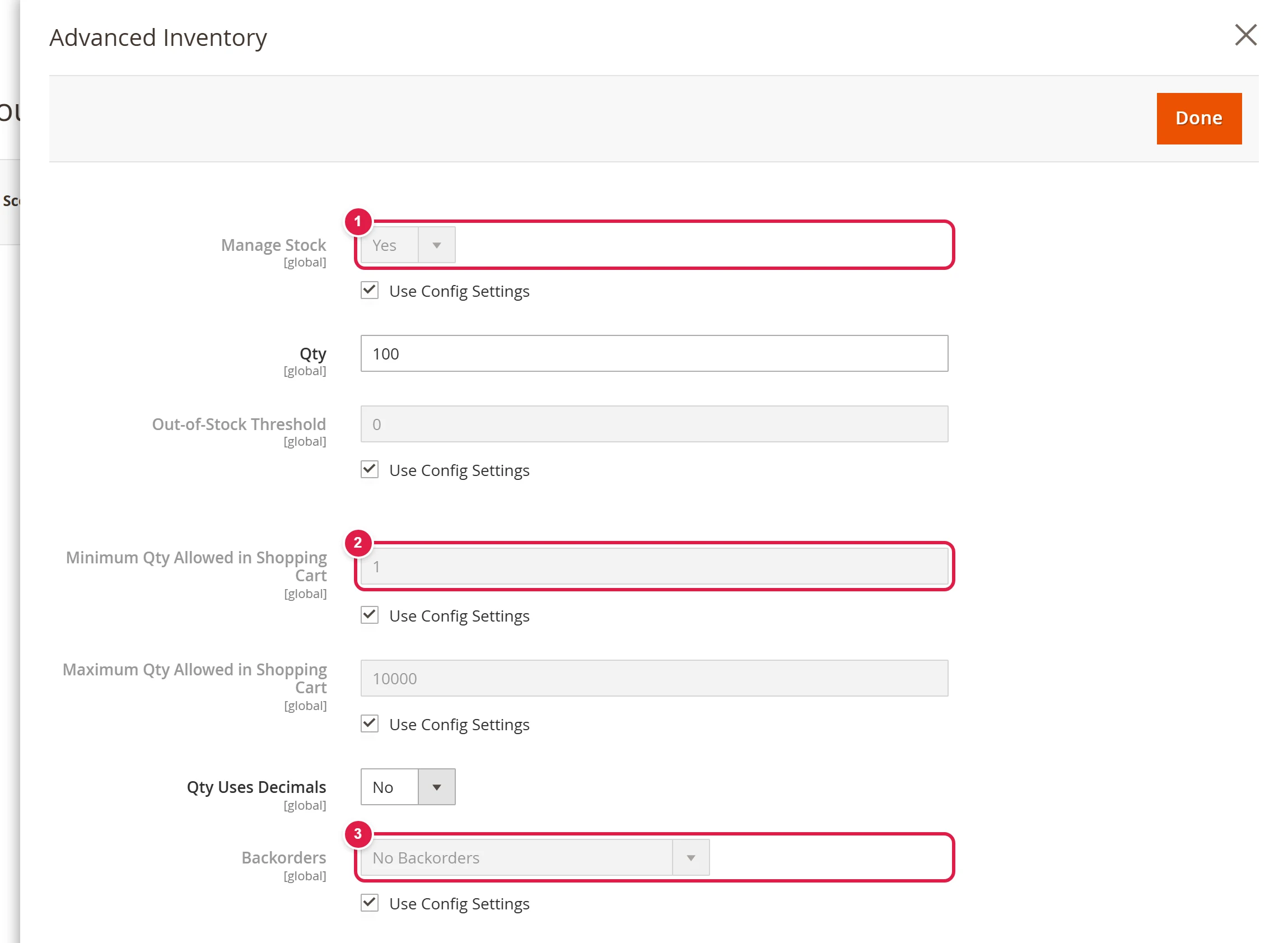 The Advanced Inventory window with stock settings for one product