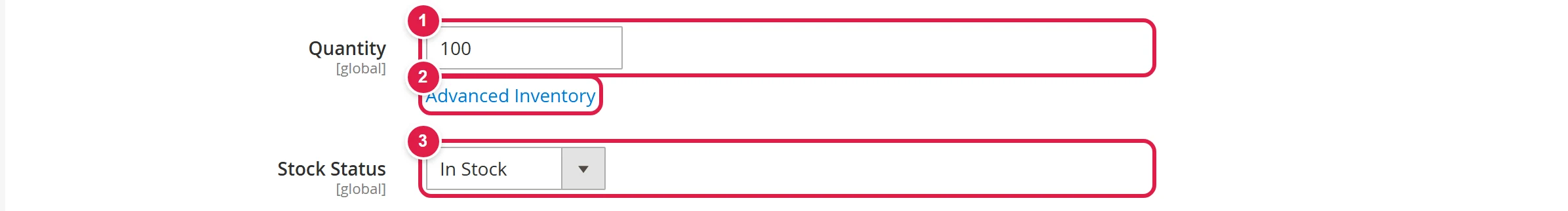 The Quantity and Stock Status fields and the Advanced Inventory link on a product