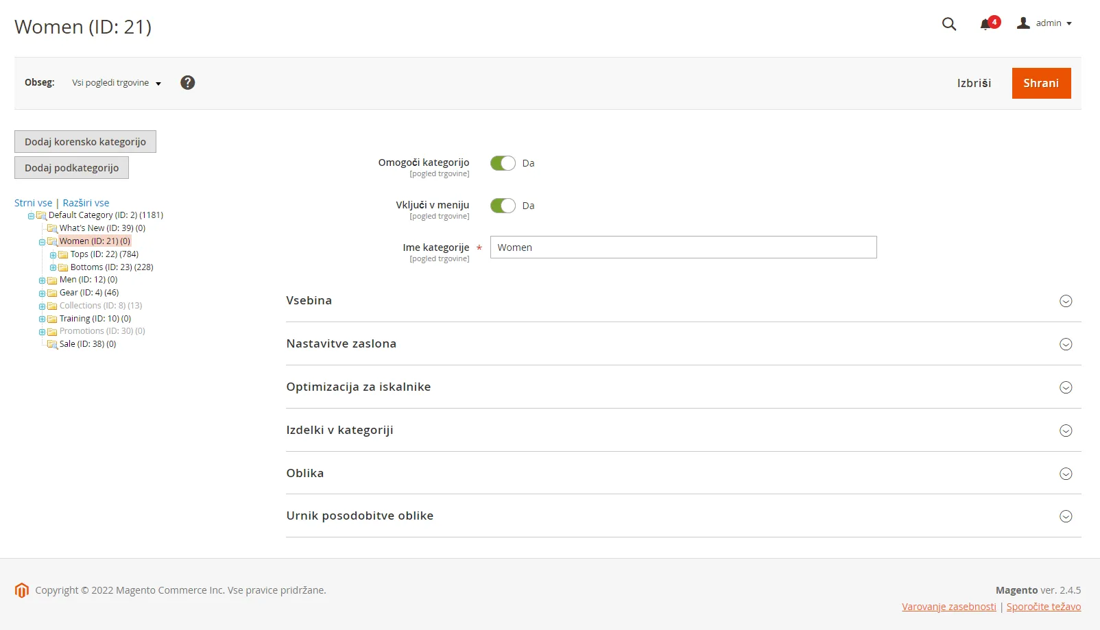 Editing categories in Magento 2 online store